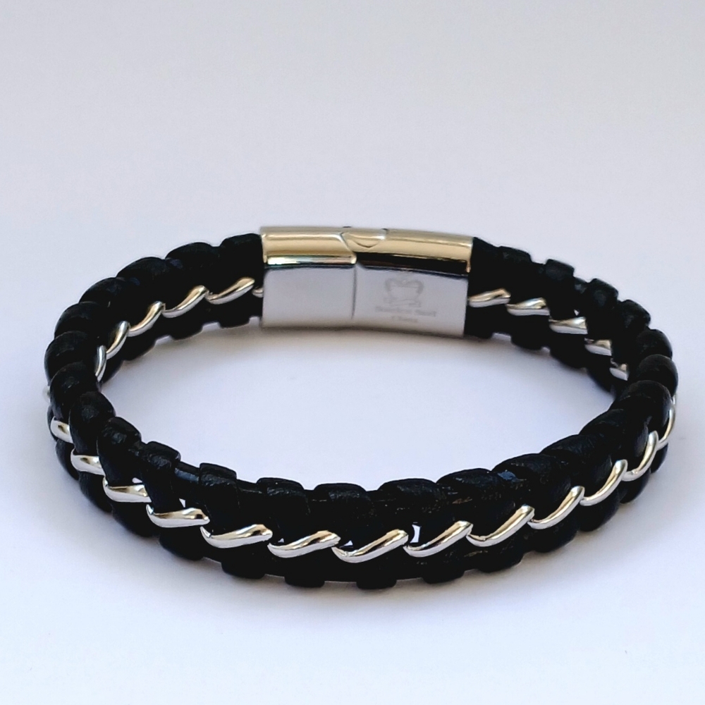 Vantel Pearls Band Together Mens 8" Braided Leather Stainless Steel Bracelet